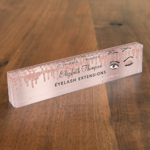 Porte-nom Pour Bureau Rose Pink Gold Eyelashes Dripping Glitter