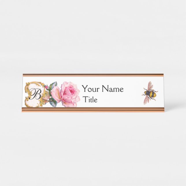 PORTE-NOM POUR BUREAU ROSE ROSE ROSE ROSE, MONOGRAMME HONEY BEE BEEKEEPE (Devant)