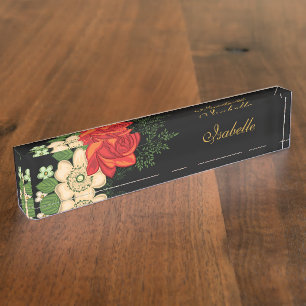 Porte-nom Pour Bureau Rose rouge et marguerites personnalisées nom noir