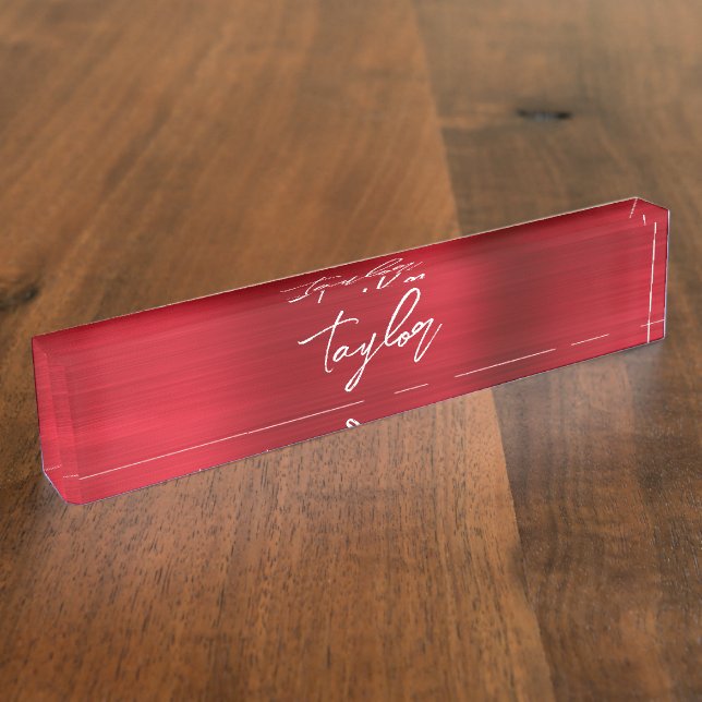 Porte-nom Pour Bureau Rose Rouge Ombre Foil Moderne Brush Script (Taille)