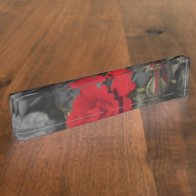Porte-nom Pour Bureau roses rouges défilent sur gris foncé (Taille)