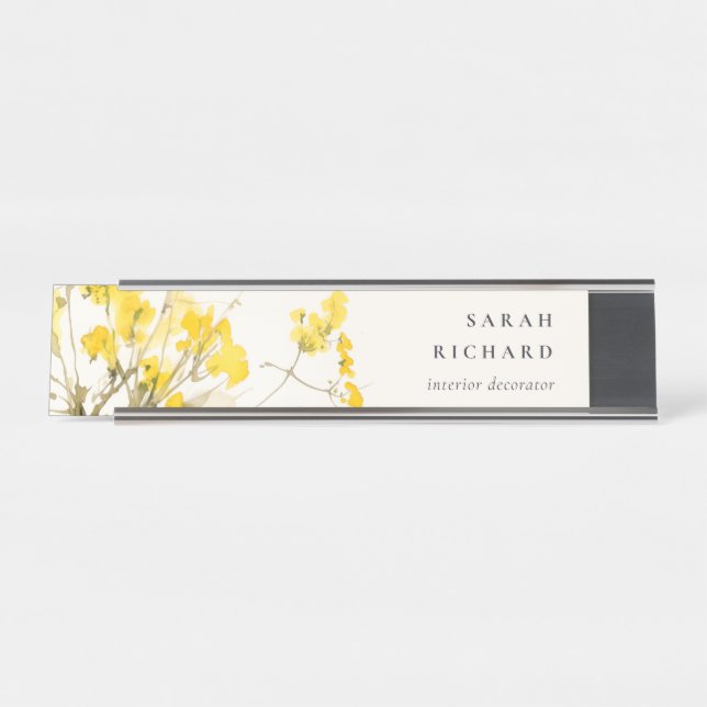 Porte-nom Pour Bureau Rustique Jaune Aquarelle Fleur sauvage Boho Floral (Devant)