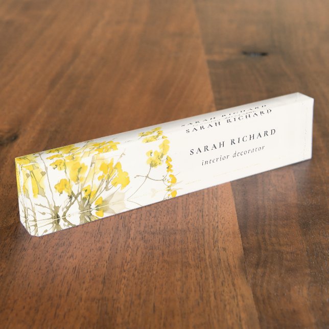 Porte-nom Pour Bureau Rustique Jaune Aquarelle Fleur sauvage Boho Floral (Taille)