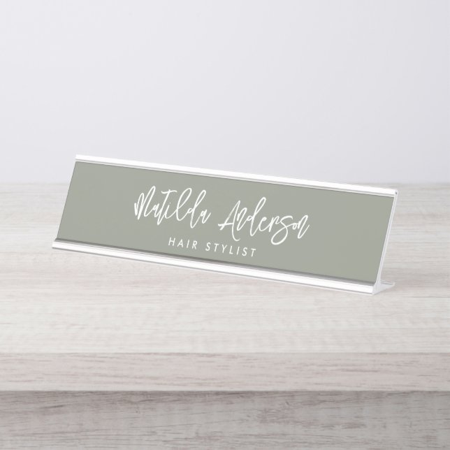 Porte-nom Pour Bureau Sage vert moderne minima élégant script (Devant)