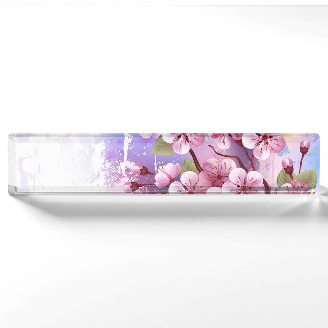 Porte-nom Pour Bureau Sakura rose sur la peinture Arrière - plan (Devant)