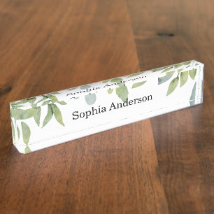 Porte-nom Pour Bureau Salon de feuillage vert aquarelle