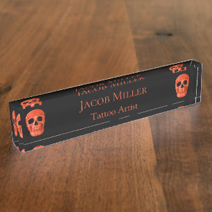 Porte-nom Pour Bureau Salon de tatouage Skull Head Gothic Neon Orange No