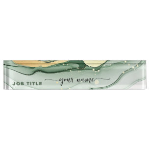 Porte-nom Pour Bureau Script Aquarelle Vert sauge Or