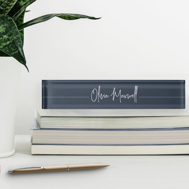 Porte-nom Pour Bureau Script cursif à croquis marine et blanc (Créateur téléchargé)