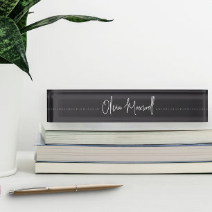 Porte-nom Pour Bureau Script cursif esquissé noir et blanc
