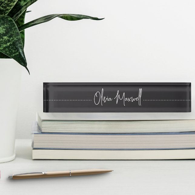 Porte-nom Pour Bureau Script cursif esquissé noir et blanc (Créateur téléchargé)