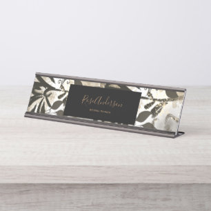 Porte-nom Pour Bureau Script de typographie de motif floral or chic