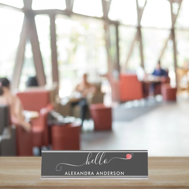 Porte-nom Pour Bureau Script moderne minimal Hello Coeur (Minimal Modern Script Hello Heart Desk Name Plate)