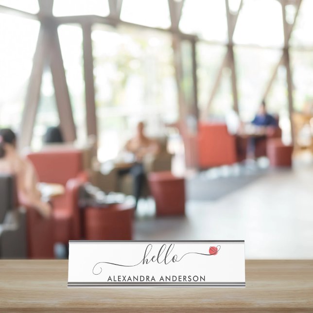 Porte-nom Pour Bureau Script moderne minimal Hello Coeur (Minimal Modern Script Hello Heart Desk Name Plate)