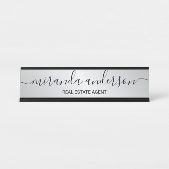 Porte-nom Pour Bureau Script moderne professionnel noir et argent (Devant)