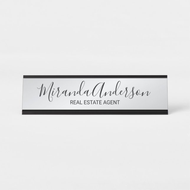 Porte-nom Pour Bureau Script moderne professionnel noir et argent (Devant)