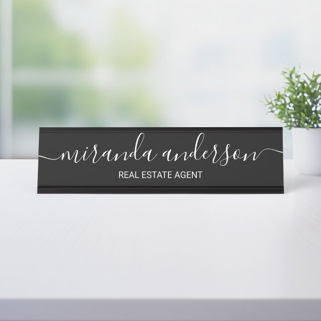 Porte-nom Pour Bureau Script moderne professionnel noir et blanc (Créateur téléchargé)