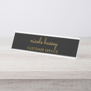 Porte-nom Pour Bureau Script Noir et Or Monogramme Moderne Élégant