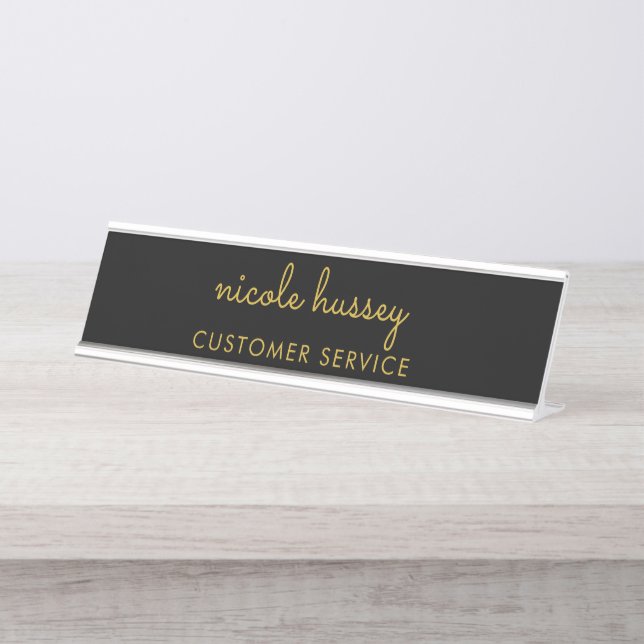 Porte-nom Pour Bureau Script Noir et Or  | Monogramme Moderne Élégant (Devant)