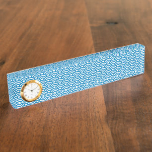 Porte-nom Pour Bureau Seigaiha, Vagues, Japonais, Bleu et Blanc