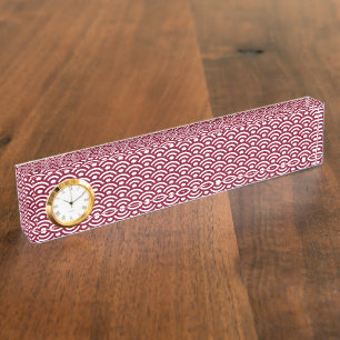Porte-nom Pour Bureau Seigaiha, Vagues, Japonais, Bourgogne et Blanc