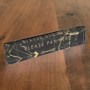 Porte-nom Pour Bureau S'il vous plaît payer ici Signer Marque Noir Or En