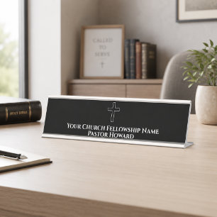 Porte-nom Pour Bureau Simple Croix Blanche Noire Contour Église Pasteur
