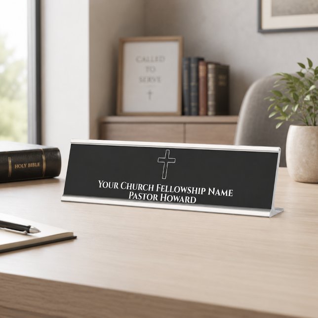 Porte-nom Pour Bureau Simple Croix Blanche Noire Contour Église Pasteur (Créateur téléchargé)