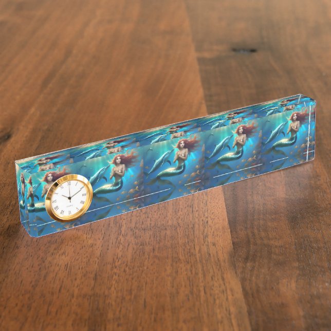 Porte-nom Pour Bureau Sirène Angélique Nageant Avec Dauphins, (Taille)