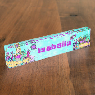 Porte-nom Pour Bureau Sirène personnalisée, poisson, corail sous la mer