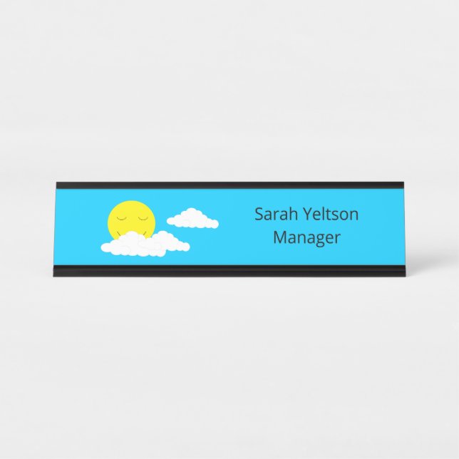 Porte-nom Pour Bureau Soleil souriant avec nuages : Turquoise (Devant)