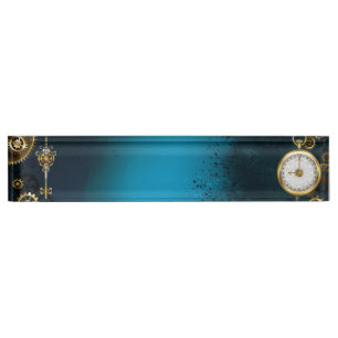 Porte-nom Pour Bureau Steampunk Arrière - plan turquoise avec Gears