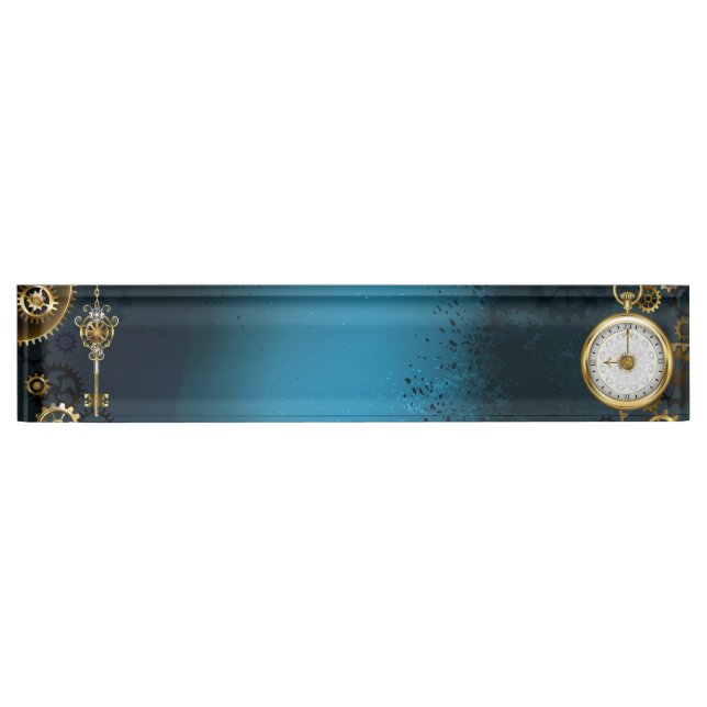 Porte-nom Pour Bureau Steampunk Arrière - plan turquoise avec Gears (Devant)
