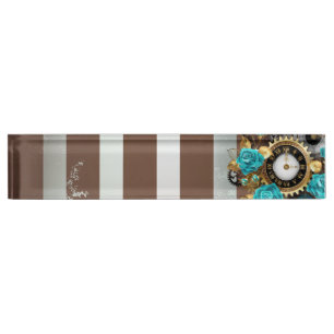 Porte-nom Pour Bureau Steampunk Clock and Turquoise Roses on Striped
