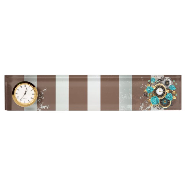 Porte-nom Pour Bureau Steampunk Clock and Turquoise Roses on Striped (Devant)