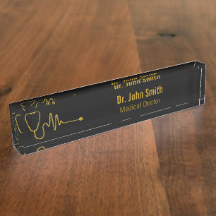 Porte-nom Pour Bureau Stéthoscope en or ECG onde EKG ligne Luxe Médical