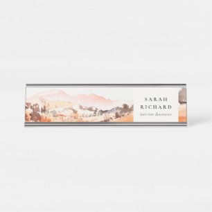 Porte-nom Pour Bureau Sutle Blush Orange Aquarelle Bois Montagne
