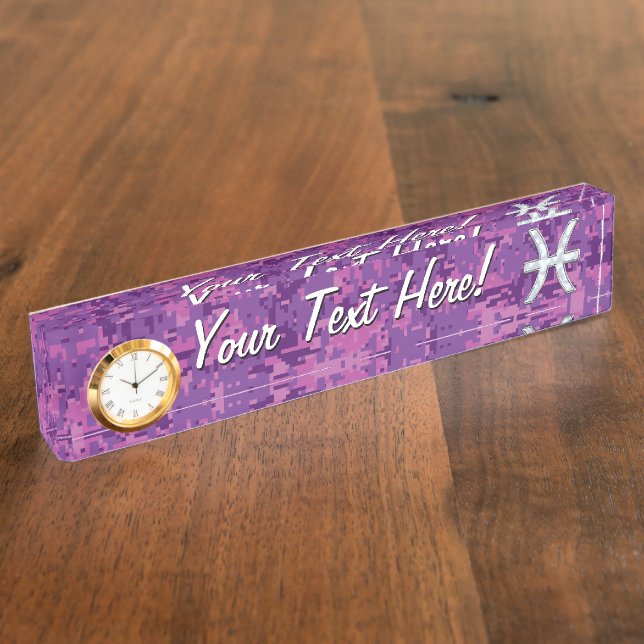 Porte-nom Pour Bureau Symbole de Pisces Zodiac sur Fuchsia Digital Camo (Taille)