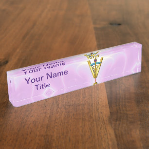 Porte-nom Pour Bureau SYMBOLE VÉTÉRINAIRE CADUCE D'OR /Blanc rose