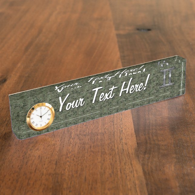 Porte-nom Pour Bureau SYMBOLE Zodiaque Gemini sur Camo numérique vert (Taille)