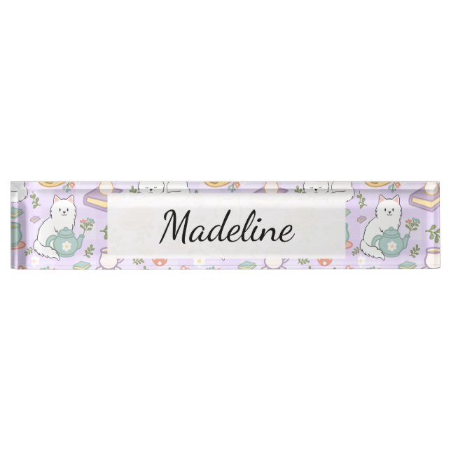 Porte-nom Pour Bureau Tea & Bookish Cats Personalized Desk Nameplate (Devant)