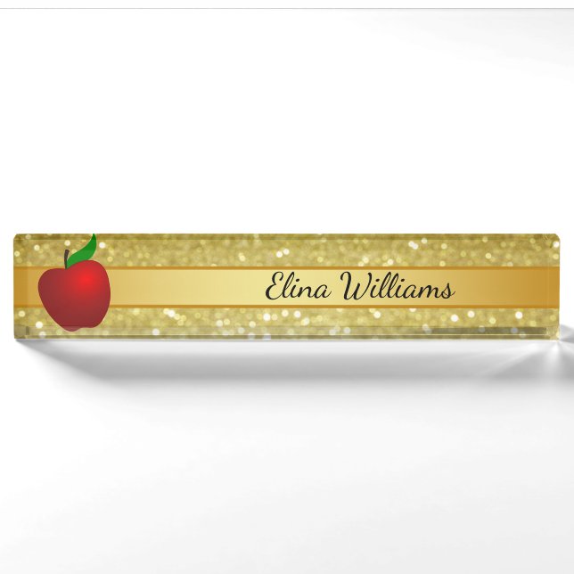 Porte-nom Pour Bureau Teacher Red Apple Gold Classic Confetti (Devant)