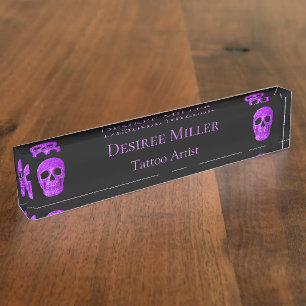 Porte-nom Pour Bureau Tête de crâne gothique Neon violet noir Tatouage S