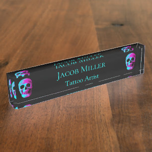 Porte-nom Pour Bureau Tête de crâne Neon gothique Violet Turquoise Noi