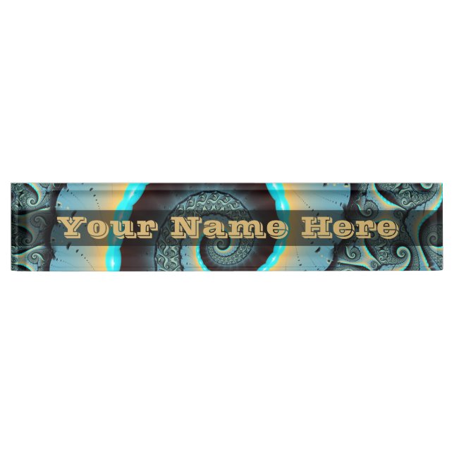 Porte-nom Pour Bureau Texte de spirale fractale abstraite bleu turquoise (Devant)