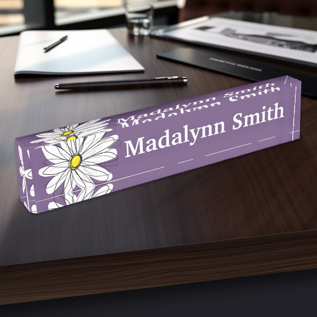 Porte-nom Pour Bureau Texte personnalisé marguerite mauve et jaune (Personalized Name Plate for the Office, School or Home)