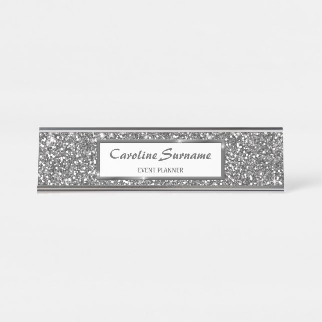 Porte-nom Pour Bureau Texture de paillettes argentées fausses et texte p (Devant)