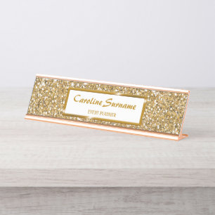 Porte-nom Pour Bureau Texture de paillettes jaune doré faux & texte pers