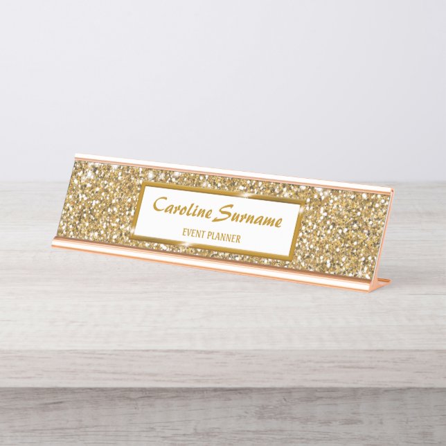 Porte-nom Pour Bureau Texture de paillettes jaune doré faux & texte pers (Devant)