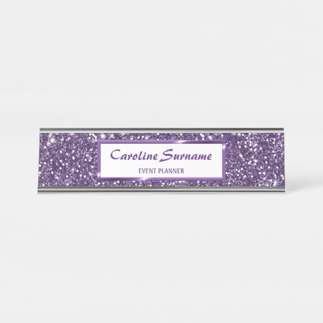 Porte-nom Pour Bureau Texture de scintillement violet faux avec texte pe (Devant)